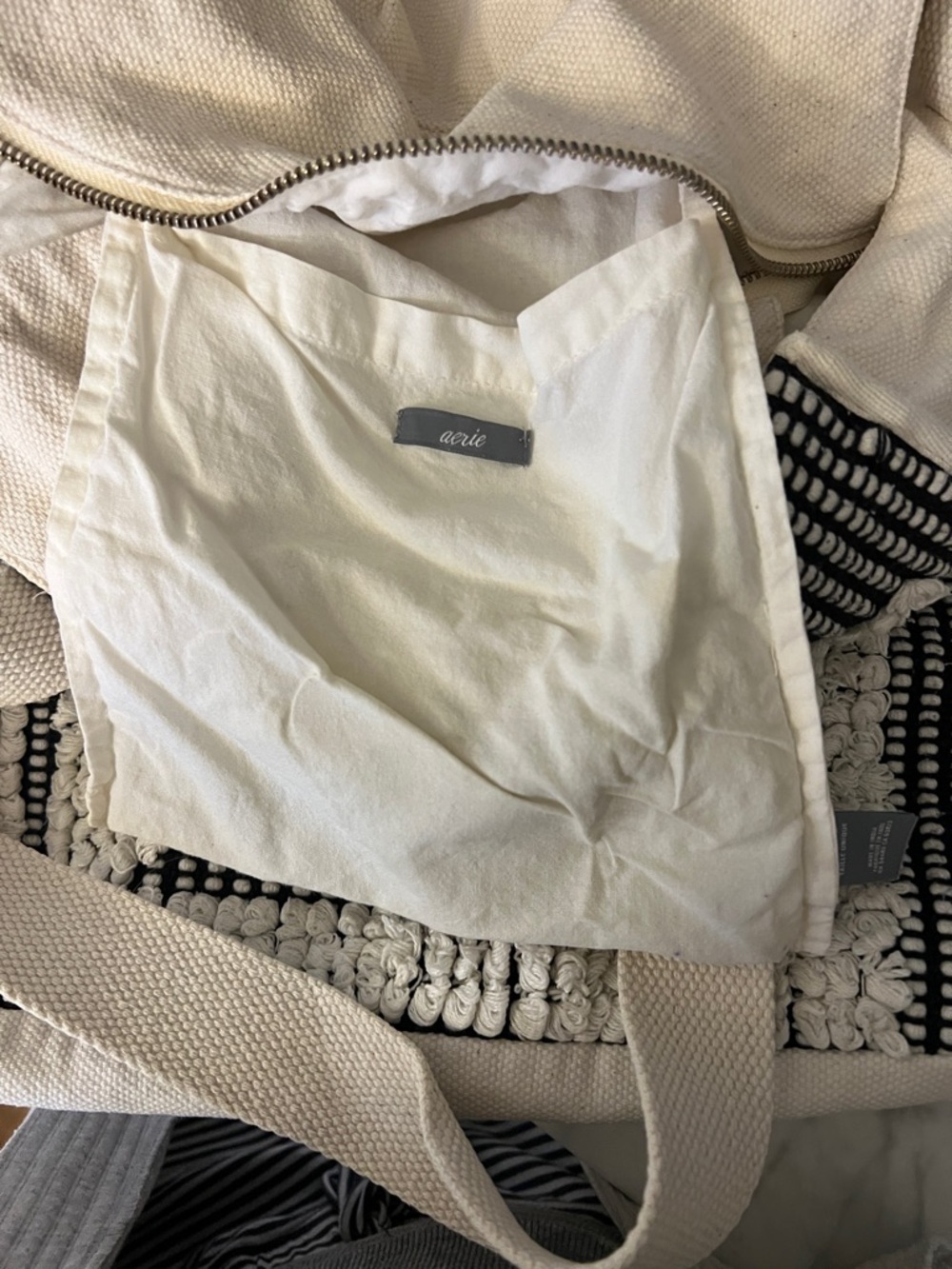 Aerie Cream and Black Woven and Canvas Tote Bag with Geometric Front Panel - Picture 7 of 9